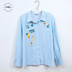 Tia Drinks Striped Jeweled Embroidered Button Down Long Sleeve Shirt Blue 2X